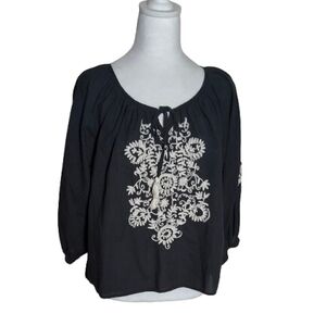 Karen Kane Women’s Black Embroidered Peasant Top Small Boho Tassel Tie Cotton...